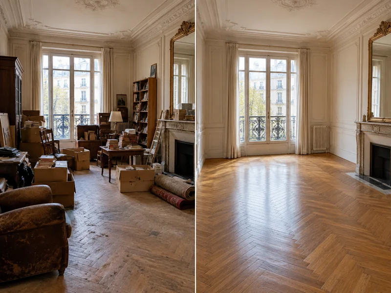 Illustration avant et après du débarras et de la remise en état d’un appartement