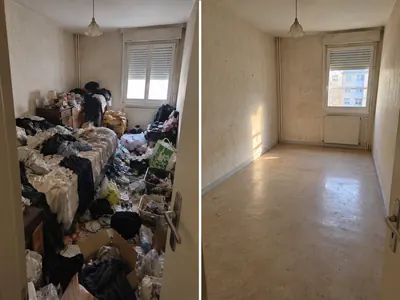 Chambre d’un appartement encombré avant et après débarras