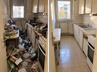 Cuisine d’un appartement encombré avant et après remise au propre