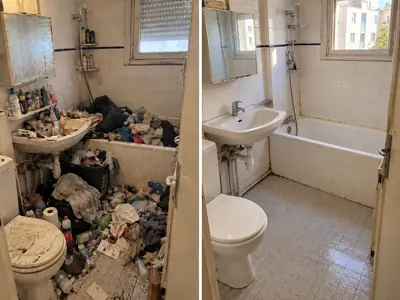 Salle de bain d’un appartement encombré avant et après nettoyage approfondi