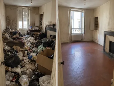 Salon d’un appartement encombré avant et après remise au propre