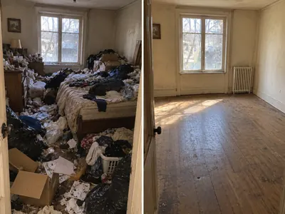 Chambre d’une maison encombrée avant et après remise au propre
