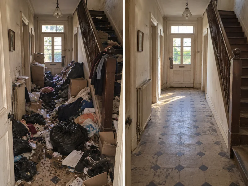 Entrée d’une maison fortement encombrée avant et après débarras