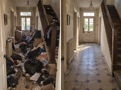 Entrée d’une maison fortement encombrée avant et après débarras