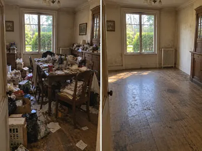 Salle à manger encombrée avant et après débarras et nettoyage