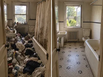 Salle de bain très encombrée avant et après nettoyage approfondi