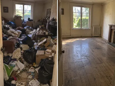 Salon d’une maison encombrée avant et après débarras